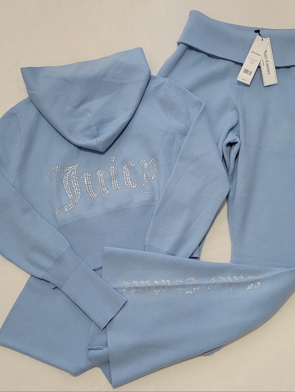 Juicy Couture Frosted Big Bling Knit Hoodie & Foldover Flare Pants - L